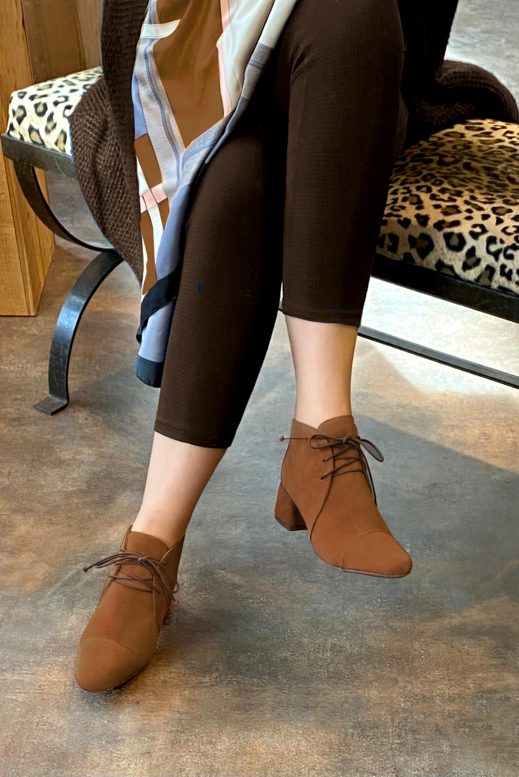 Caramel brown women's ankle boots with laces at the front. Round toe. Low flare heels. Worn view - Florence KOOIJMAN